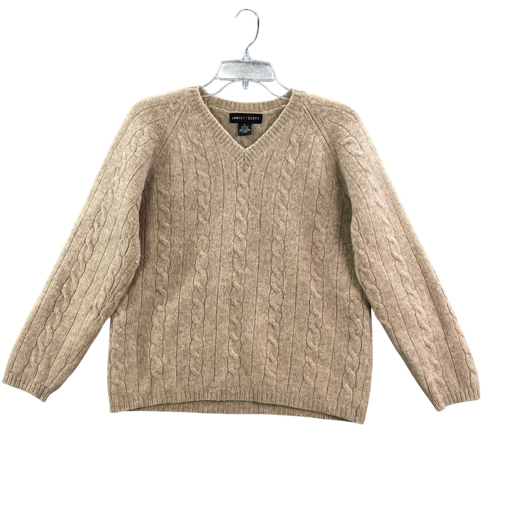 Jamie Scott Sweater Women Medium Tan Wool V-Neck Cable Knit Pullover Long Sleeve